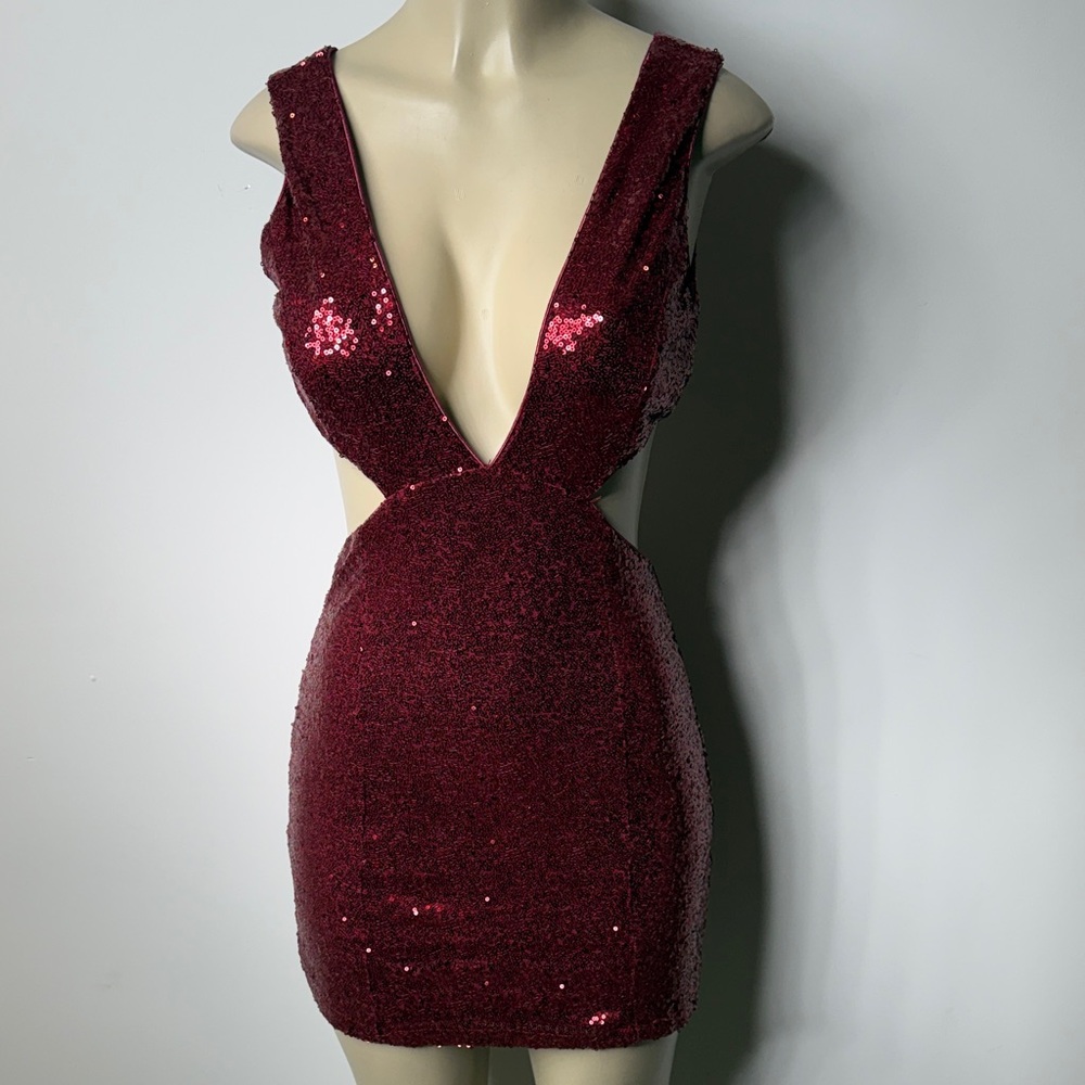 superdown Burgundy Sequin Plunge Mini Dress